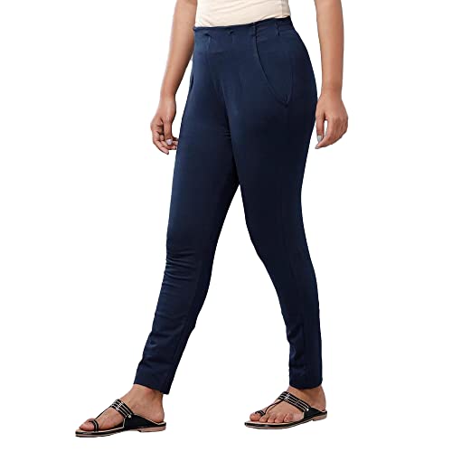 Image of De Moza Women Pencil Fit Cigarette Pant | 95% Cotton 5% Elastane | Mid Rise | 2 Pockets | Casual & Office Wear