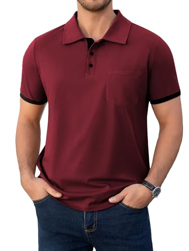 Polo masculino de verano con puños contrastantes y cuello, casual, de manga corta y tres botones, con bolsillo miniatura 1