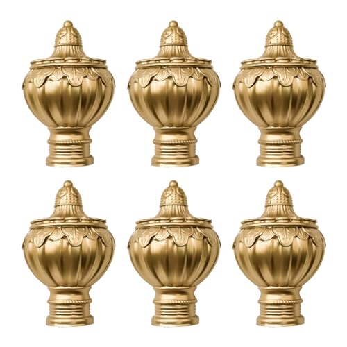UFURMATE Curtain Finials, 6Pcs Gold Plastic Drapery Rail Pole Head Cap Decorative Window Curtain Rail End Curtain Rod Pole Finials Ends, Fits Dia. 28mm/1.1in Curtain Rods (Lace Style)