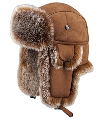YLKCU Herren Trapper Hut mit Kunstpelz Winter Kuscheliger Plüsch Ushanka Russischer Hut Winddicht Warme Ohrenklappen Trapper Mützen Cover