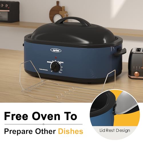 Sunvivi 22lb 18-Quart Roaster Oven, Electric Roaster Oven with Self-Basting Lid, Turkey Roaster with Unique Defrost/Warm Function, Large Roaster with Removable Pan & Rack, Stainless Steel, Blue