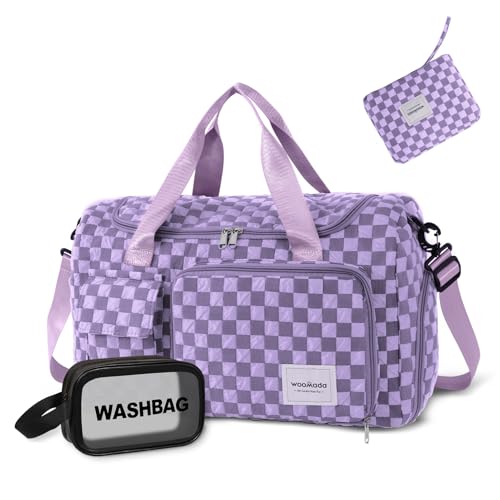 WOOMADA Foldable Travel Duffel Bag with Shoes Compartment, Overnight Bag with Wet Pocket, Weekender Carry On with cosmetic bag for Women(purple checkerboard)