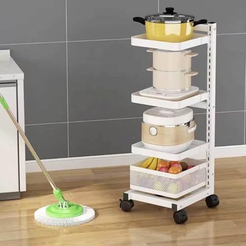 Carrito apilable de almacenamiento de verduras con ruedas, organizador de cocina para ollas y despensa, soporte de frutas y verduras, color blanco, 4 tablas y 1 cesta