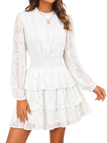 Image of Wenrine Womens Long Sleeve Lace Mini Dress Wedding Guest Dresses | Cut Out, High Waist, Ruffle Design, Tiered Smocked, Mesh, Layer, Button Back, Night Out, Fall Winter