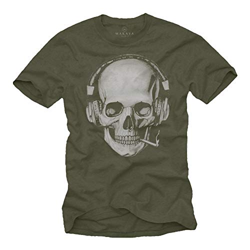 Tee Shirt Tete de Mort Homme - Swag Musique Rock Skull avec Casque Vert M