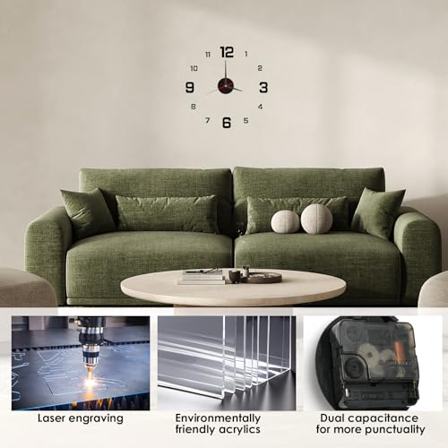 40cm Reloj de Pared 3D DIY con Números Adhesivos, Reloj de Pared Moderno con Movimiento Silencioso, Ideal para Decoración en Sala de Estar, Dormitorio, Cocina, Oficina, Fácil Instalación, Negro - imagen 5