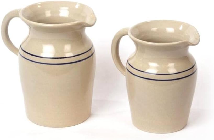 Large Beige and Blue Stoneware Pitcher Vase for Hot or Cold Beverages