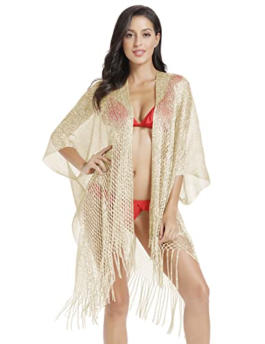 Image of Metallic Sparkly Kimono Cardigan Swimsuit Beach Bikini Cover Ups Open Front Casual Blouse Tops - Gold - One Size