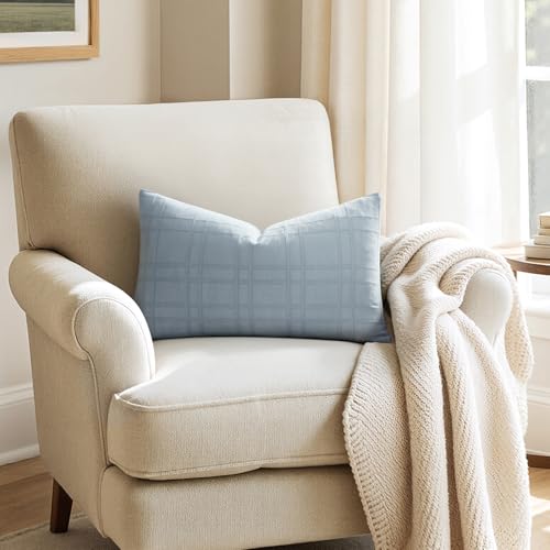 Image of MIULEE Decorative Linen Check Lumar Throw Pillow Covers Neutral Farmhouse Vintage Pillow Covers 12x20 Set of 2 Boho Modern Home Decor for Sofa Couch Bedroom Cushion Coastal Blue