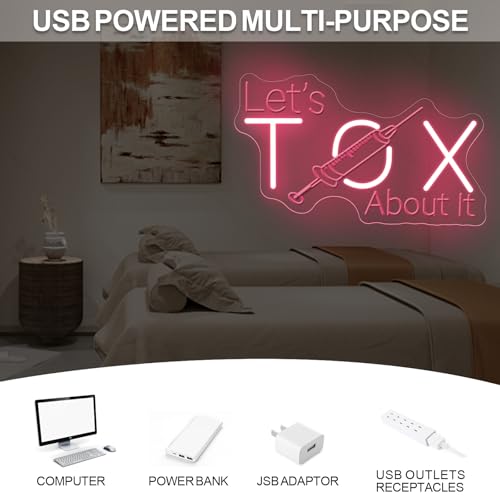 Image of Let's Tox about it Neon Sign Botox LED Light Injector Spa Studio Decor | USB Powered Dimmable Beauty Spa Sign Medspa Decoration Business Open Welcome Wall Art, 15.7 inchx9.4 inch, Light Pink