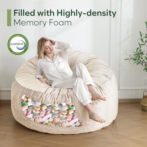 3 Ft Bean Bag Chair, Memory Foam Bean Bag Chairs for Adults with Filling, Round Bean Bag Sofa with Filler Included, Beanbags with Soft Dutch Velvet Fabric,3 Foot,Beige - Image 4