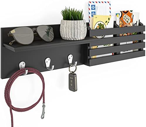 Ballucci Key Holder for Wall Decorative, Mail Organizer Wall Mount Sorter Rack with 3 Key Hooks for Wall, Entryway Shelf Mail Holder Key Hanger Key Rack, Rustic Home Decor for Entrance Kitchen - Black