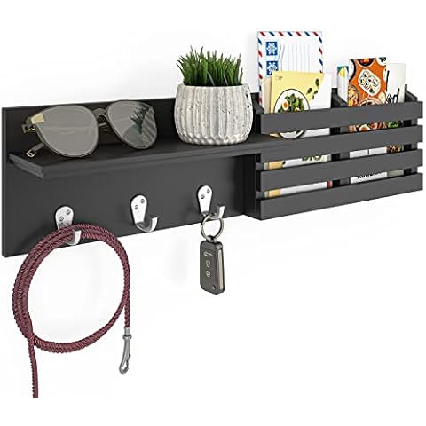 Ballucci Key Holder for Wall Decorative, Mail Organizer Wall Mount Sorter Rack with 3 Key Hooks for Wall, Entryway Shelf Mail Holder Key Hanger Key Rack, Rustic Home Decor for Entrance Kitchen - Black Cover