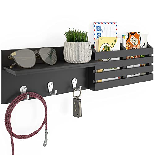 Ballucci Key Holder for Wall Decorative, Mail Organizer Wall Mount Sorter Rack with 3 Key Hooks for Wall, Entryway Shelf Mail Holder Key Rack, Home Decor for Entrance Kitchen, Black
