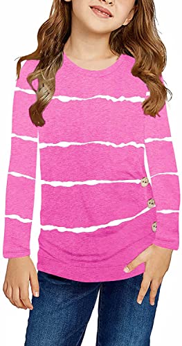 Ebifin Girls Casual Short/Long Sleeve T Shirts Crewneck Tunic Tops Kids Button Striped Tee Blouses Size 4-15