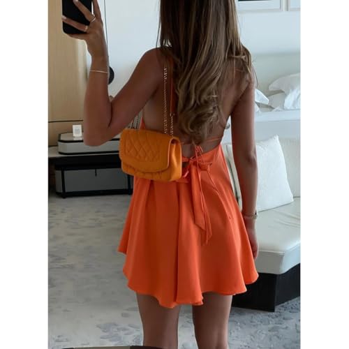 Women's Summer New Sexy Deep V-Neck Backless Loose A-line Cross-Back Bow Tie Belted Dress Solid Color Backless Mini Dress3
