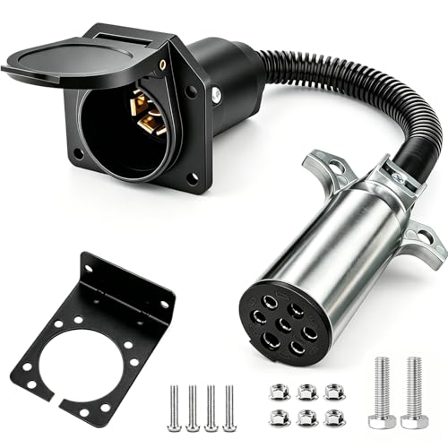 Image of 7 Pin Round to 7 Pin Flat Adapter,7 Pole Round to 7 Way RV Blade Trailer Plug,Trailer Wiring Harness Adapter with Mounting Bracket
