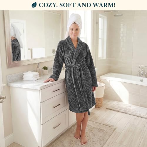 Image of PAVILIA Plush Robe for Women, Soft Fleece Short Bathrobe, Warm Lightweight Knee Length Lounge Robe with Pockets