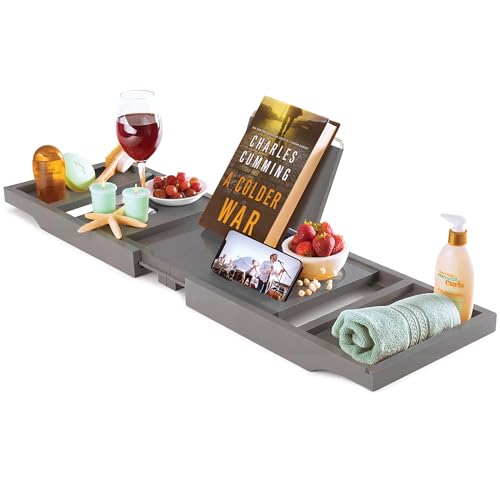 Wooden Bathtub Tray - Foldable & Expandable Bamboo Bath Tray for Tub with Wine Holder, Book & Tablet Stand - Bath Caddy Tray for Bathtub, Spa Bath Accessories, Tub Tray Table, Gift Idea for Her (Gray)