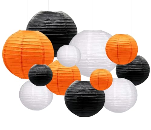 Image of Orange Black White Paper Lanterns Decorative 12pcs Halloween Hanging Decorations for Graduation Thanksgiving Birthday Party Decorations