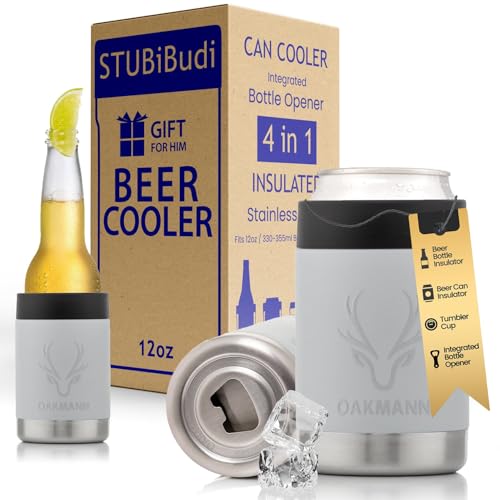 Image of Stainless Steel Beer Cooler With Bottle Opener, Vacuum Insulated Can Cooler 12 oz for Bottles Cans, 4-in-1 Universal Insulator Coozy for Bottles Cans, Beer Gifts for All (Mist Grey)