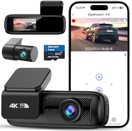 Dashcam Voiture Avant Arrière, Caméra 4K+1080P, Wi-Fi 5GHz avec C...