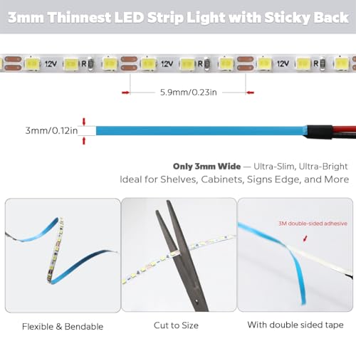 Tira de LED ultradelgada 3mm 6000K luz blanca día 5m miniatura 3