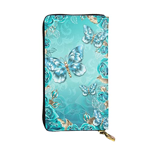 Portefeuille grande capacité en cuir papillon bleu clair avec rangement cartes