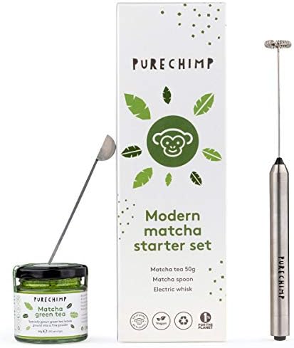 PureChimp Modern Matcha Set – Starter Kit with Electric Matcha Whisk, 50 Grams of Japanese Matcha, and Stainless Steel Measuring Spoon