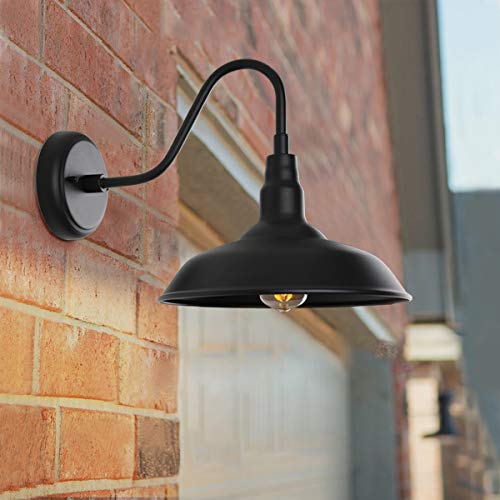 Image of Black Gooseneck Barn Light for Farmhouse 10 Inch Dome Exterior Lights Fixture with Wall Mount, Outdoor Wall Sconce for Garage Porch Patio