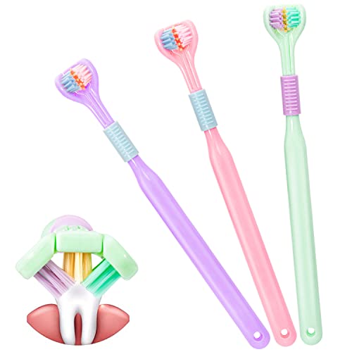 3 cepillos de dientes de 3 caras, cepillo de dientes flexible para adultos, cepillo de dientes compacto para adultos, cepillo de dientes triple ideal para adultos y niños autistas (púrpura verde rosa)