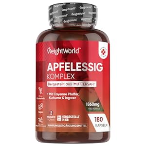 Apfelessig Kapseln - 1860mg Apfelwein Essig Komplex aus Muttersaft, Kurkuma, Ingwer, Cayennepfeffer - 2 Mrd. KBE Bakterienstämme - 180 Kapseln für 2 Monate - Apple Cider Vinegar Capsules - WeightWorld
