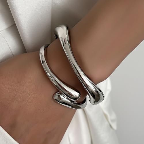 PEALICIOUS Gold Silver Chunky Bracelet for Women Girls 2Pcs 7in Arm Cuff - View 5