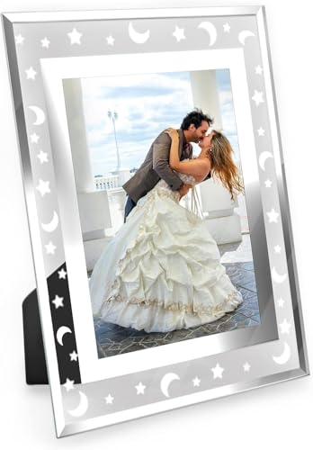Ichigo Ichie Marcos de Fotos 15x20cm de Vidrio para la Mesa con Diseño de Estrellas y Luna, Portafotos de Cristal en Posición Vertical y Horizonta con el Borde Plateado, Ideal para Hogar y la Oficina