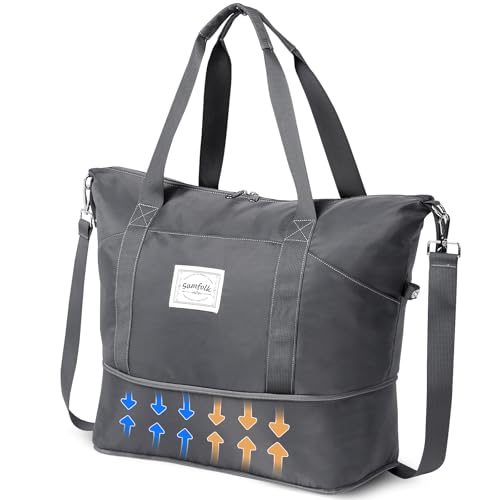 Samfolk - Travel Duffel Bag, Carry on Luggage Bag for Airplanes, Sports Gym Tote Bag for Women, Lightweight Weekender Overnight Shoulder Bag Waterproof Beach Hospital Bag (Gray) - -30%