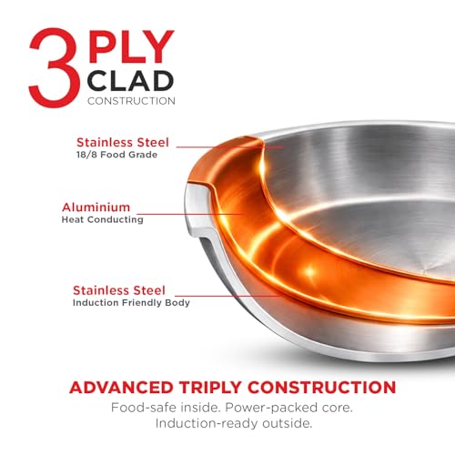 Image of PNB Kitchenmate Extra deep kadai triply- 3.7 Liter| Induction Compatible triply kadai with lid | Stainless Steel cookware | Try ply cookware for Indian Cooking | Dishwasher Safe| 5 Year Warranty