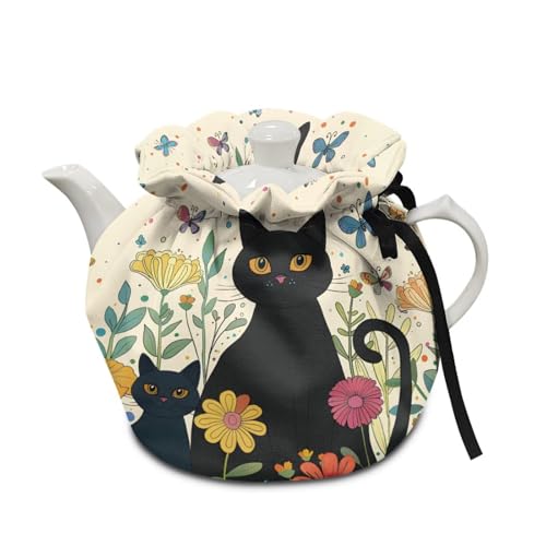 Image of Xoenoiee Tea Cozy Cotton Tea Cosy for Teapots Black Cat Buttefly Floral Art Pattern Keep Warm Teapot Cover Insulated Kettle Cover for Home Kitchen Table Decor