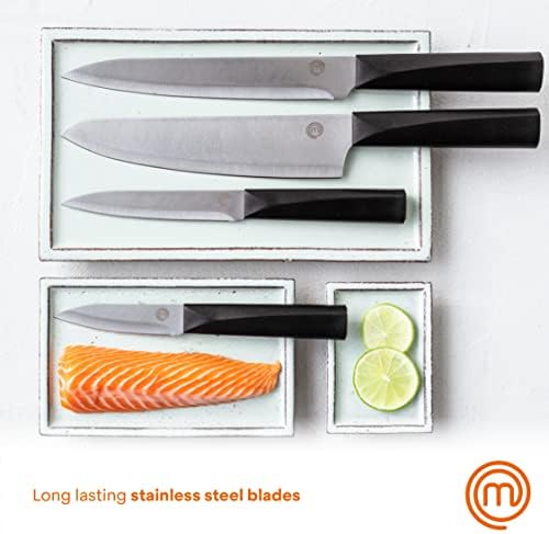 MasterChef Knife Set with Block 5 Kitchen Knives with Sharp Stainless Steel Blades (Paring, Utility, Carving, Bread, Chef) Japanese-Style Handles & Universal Holder, Plastic, Black