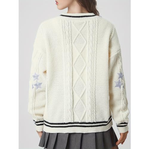 Image of Women's Long Sleeve Cardigan V Neck Stars Button Down Oversized Open Front Sweaters Casual Cable Batwing Knitted Coat