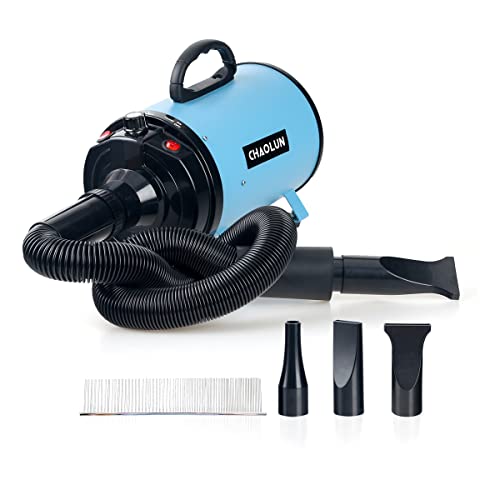 CHAOLUN Dog Dryer, 3.2HP Dog Blow Dryer, High Velocity Professional Pet Grooming Dryer, Dog Hair Dryer with Heater, Stepless Adjustable Speed, 3 Different Nozzles and a Comb, Blue