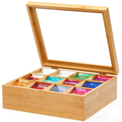 Image of Cobenga Wooden Tea Storage Box, 12 Compartment Wooden Tea Box with Clear Lid & Clasp Lock, Natural Bamboo Tea Organizer for Kitchen Countertops, Cabinets, Pantry Bistro, Coffee, Snacks Storage