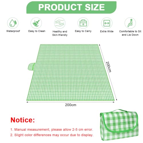 AYBUY Picknickdecke, 200 x 200cm, Faltbare Campingdecke mit wasserdichter Unterseite,sandfeste Stranddecke mit Tragegriff,Waschbar Picknickdecken für 3-4 Personen Outdoor, Camping, Strand, Park(Grün)