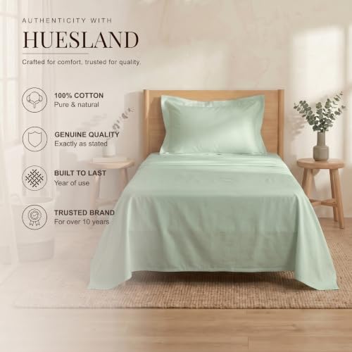 Image of Huesland 100% Pure Cotton Sateen Weave Bedsheet 300 TC - Premium Luxury Single Bed Set | Misty Jade | 88 x 55 inches