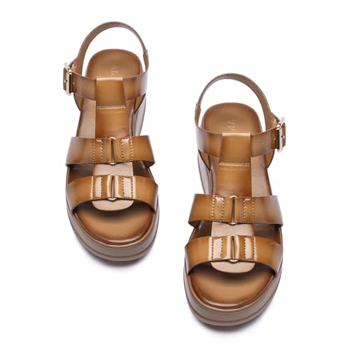 Image of Platform Sandals Women Chunky Wedge Sandals for Women Comfortable | Women's Flat Summer Shoes Round Open Toe with Arch Support Wide Strap Faux Leather Wedges for Beach Camping Travel Office