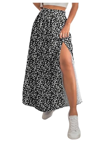 Verdusa Women's Plus Size Floral Slit Maxi Skirts Beach Vacation High Waisted Long Skirt