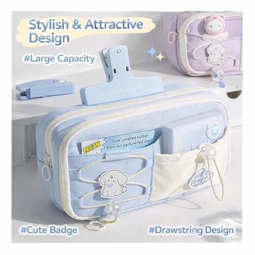 Image of Alokik Dog Light Blue Pencil Pouch for Girls, Large Capacity Sea Salt Blue Multi-Compartment Zipper Pencil Case with Front Pocket & Elastic Organizer, Cute Stationery Bag (Dog - Light Blue)