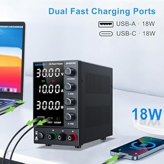 NANKADF Alimentatore da Banco 30V 10A, Alimentatore Regolabile con Porta di Ricarica Rapida USB-A/tipo C, Display a 4 LED ad alta Precisione, Alimentatore da Laboratorio con Manopola Encoder