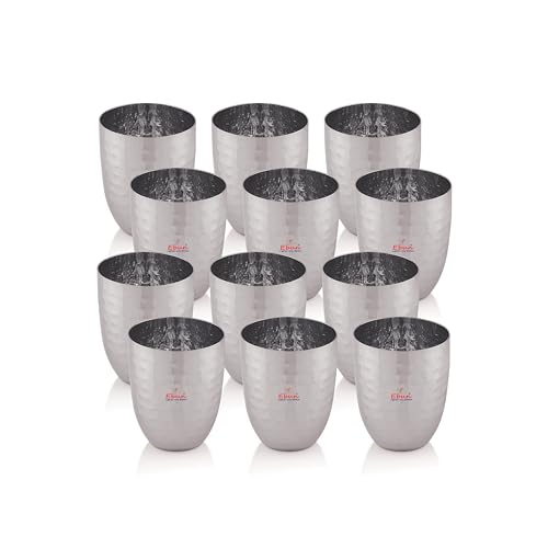 Image of Ebun Stainless Steel Hand Hammered Design Heavy Gauge Drinking Glass Set 12 Pieces 300 Ml