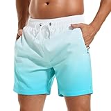 SILKWORLD Swim Trunks Men Quick Dry Bathing Suits Shorts with Zipper Pockets, MQ18_Zip_White & Blue Gradient, Medium