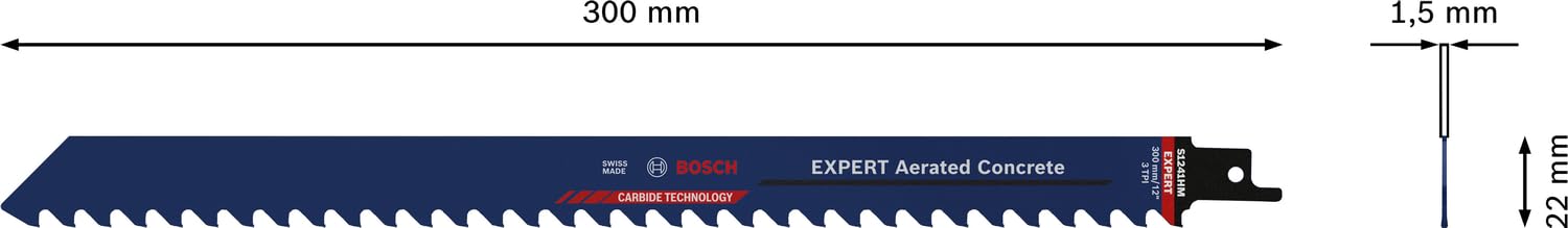 Bosch Professional 3x Hojas de sierra sable Expert ‘Aerated Concrete’ S 1241 HM (para Hormigón celular, Longitud 300 mm, accesorios Sierra sable)